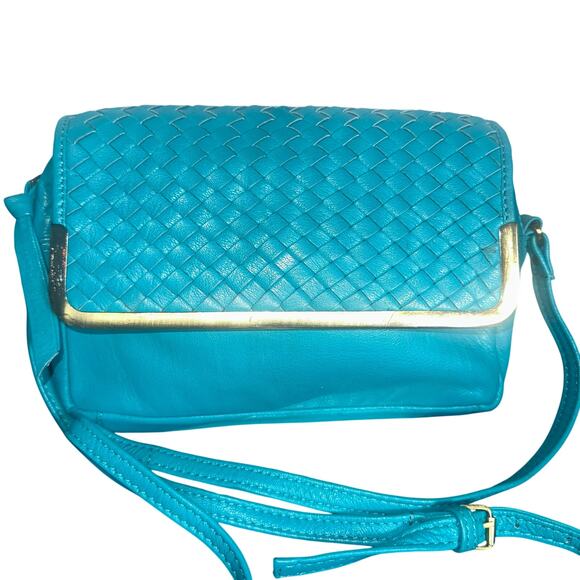 ASOS Turquoise Blue Woven Leather Crossbody Bag Gold Trim Adjustable Strap - Picture 2 of 10